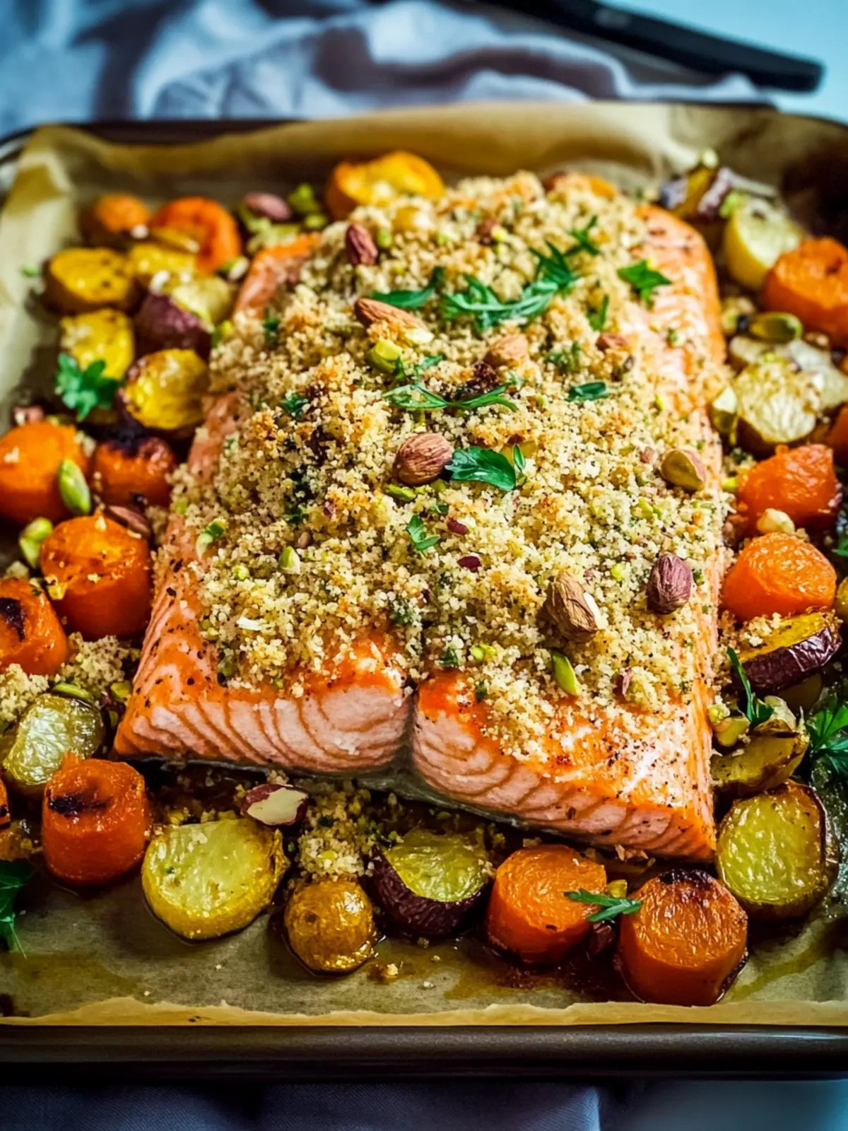 Baked Salmon with Pistachio Crumb & Colorful Roast Veggies 5 baked salmon with a pistachio crumb and roast vegetables