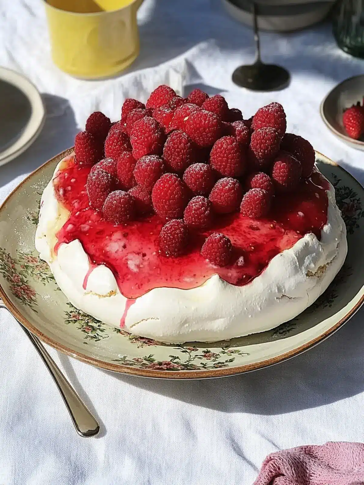 Delicious Pavlova Topped with Raspberries and Strawberries 4 Pavlova topped with raspberries and strawberries