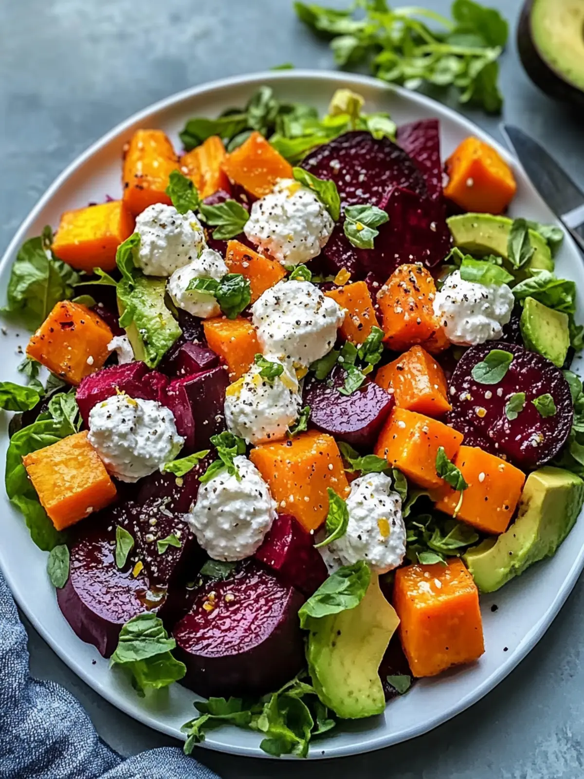 Delicious Roasted Beet, Sweet Potato & Avocado Salad Delight 5 Roasted Beet, Sweet Potato & Avocado Salad with Whipped Ricotta & Lemon-Tahini Drizzle