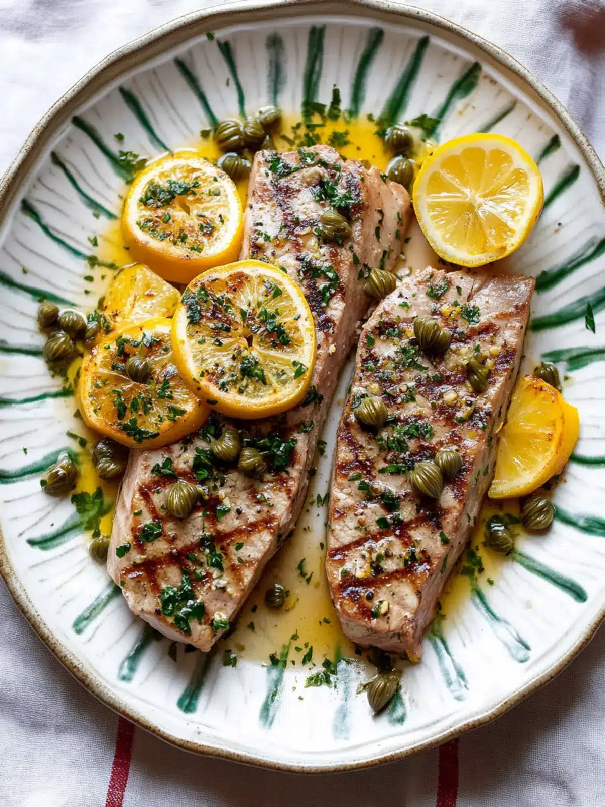 Savory Seared Tuna Steaks with Lemon, Caper & Parsley Butter 2 Seared tuna steaks with lemon, caper & parsley butter