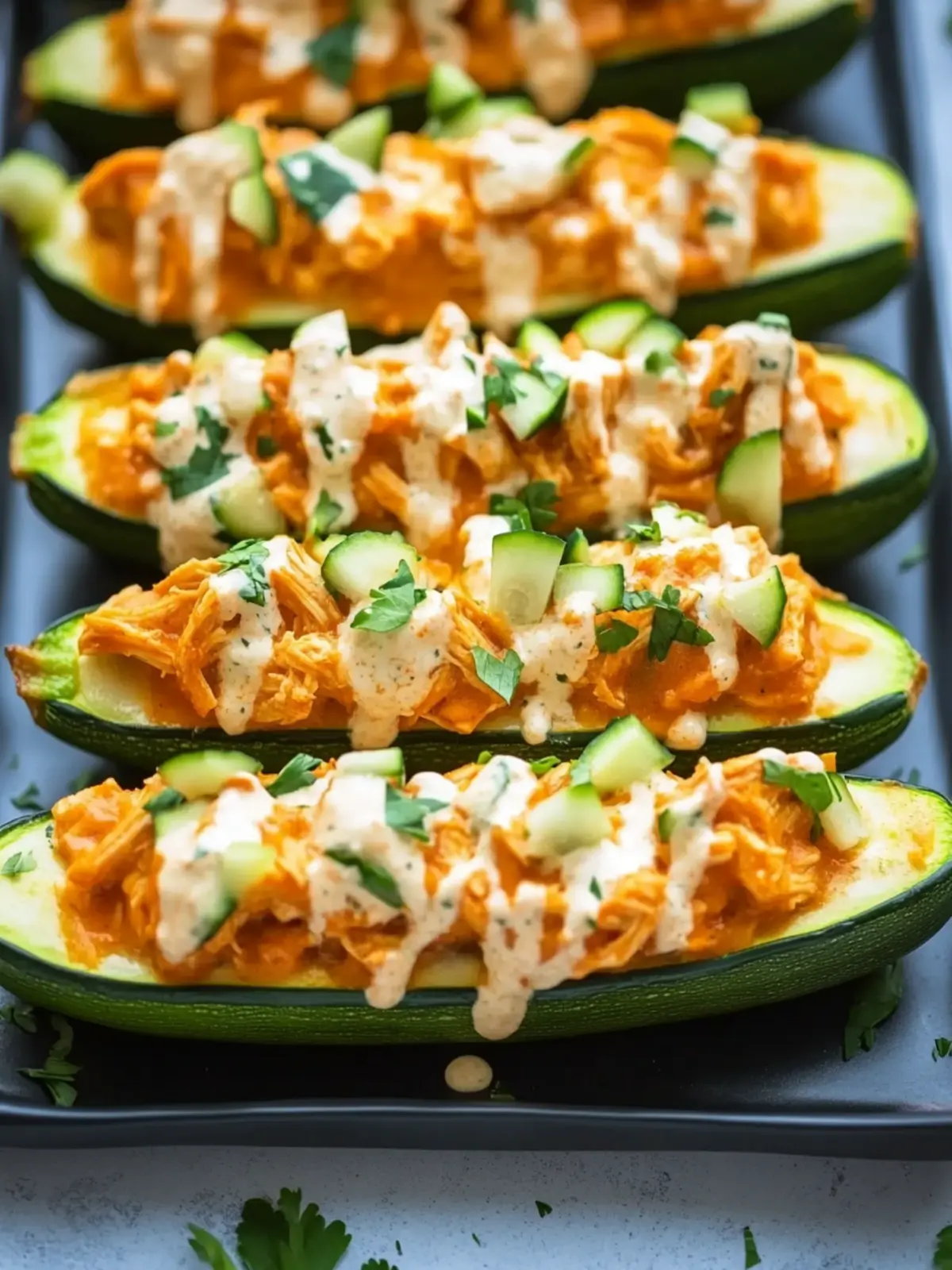High Protein Buffalo Chicken Stuffed Zucchini Boats