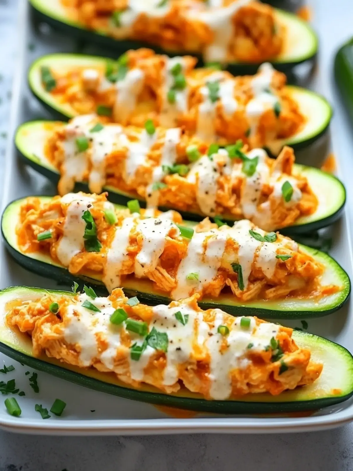 High Protein Buffalo Chicken Stuffed Zucchini Boats