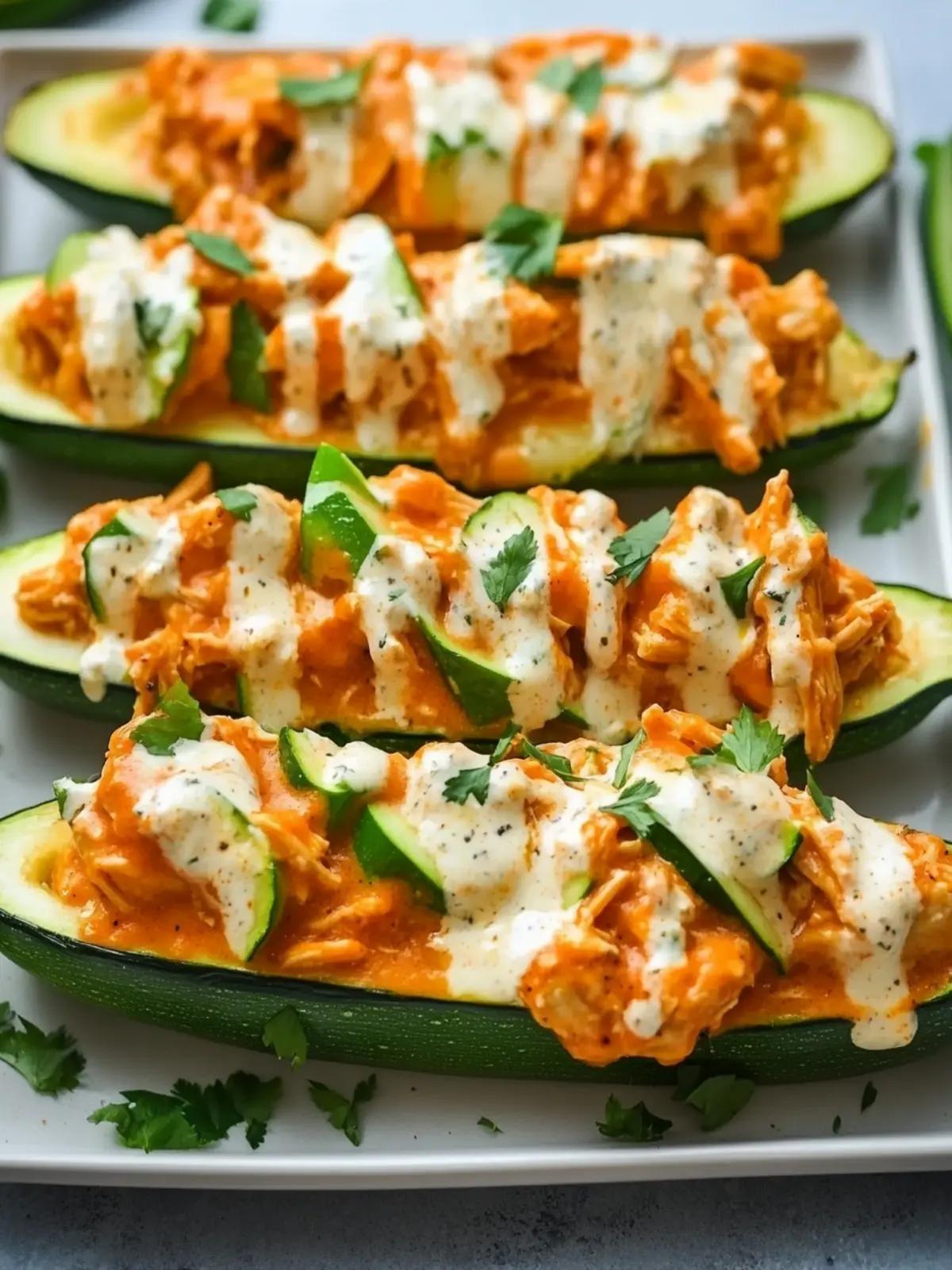 High Protein Buffalo Chicken Stuffed Zucchini Boats