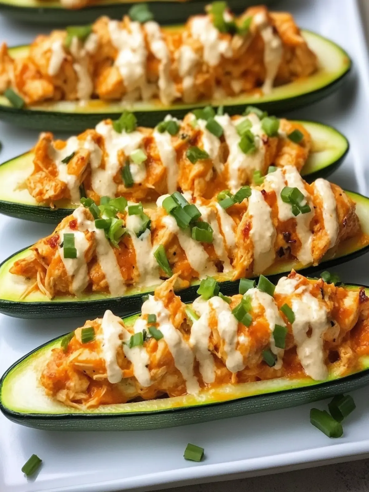 High Protein Buffalo Chicken Stuffed Zucchini Boats