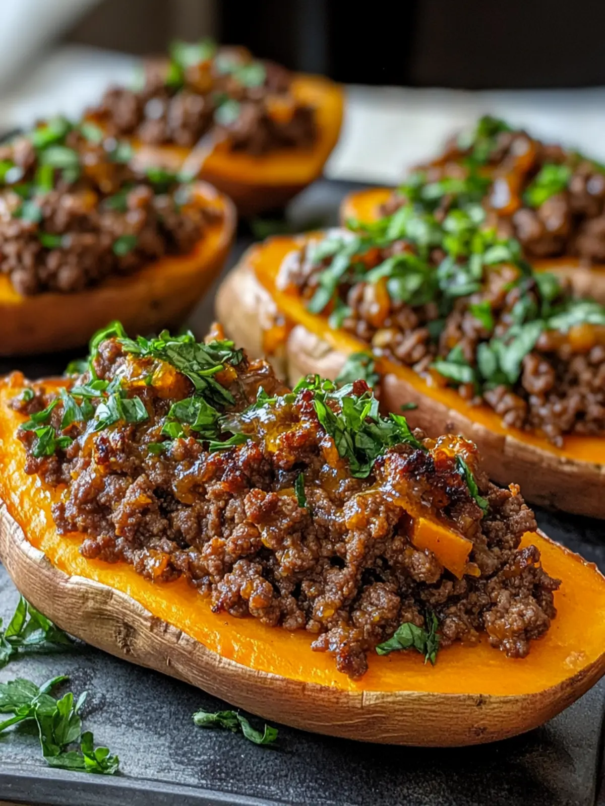 Hot Honey Ground Beef & Sweet Potato Boats