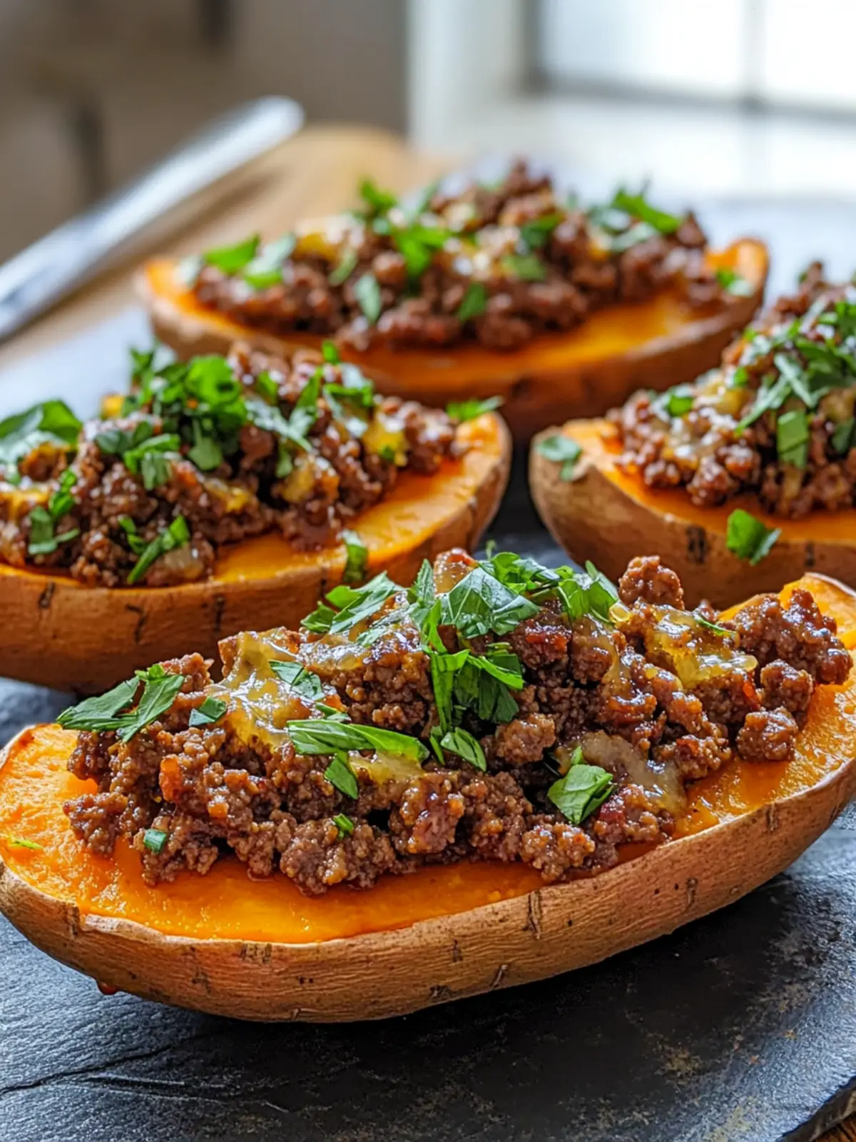 Hot Honey Ground Beef & Sweet Potato Boats