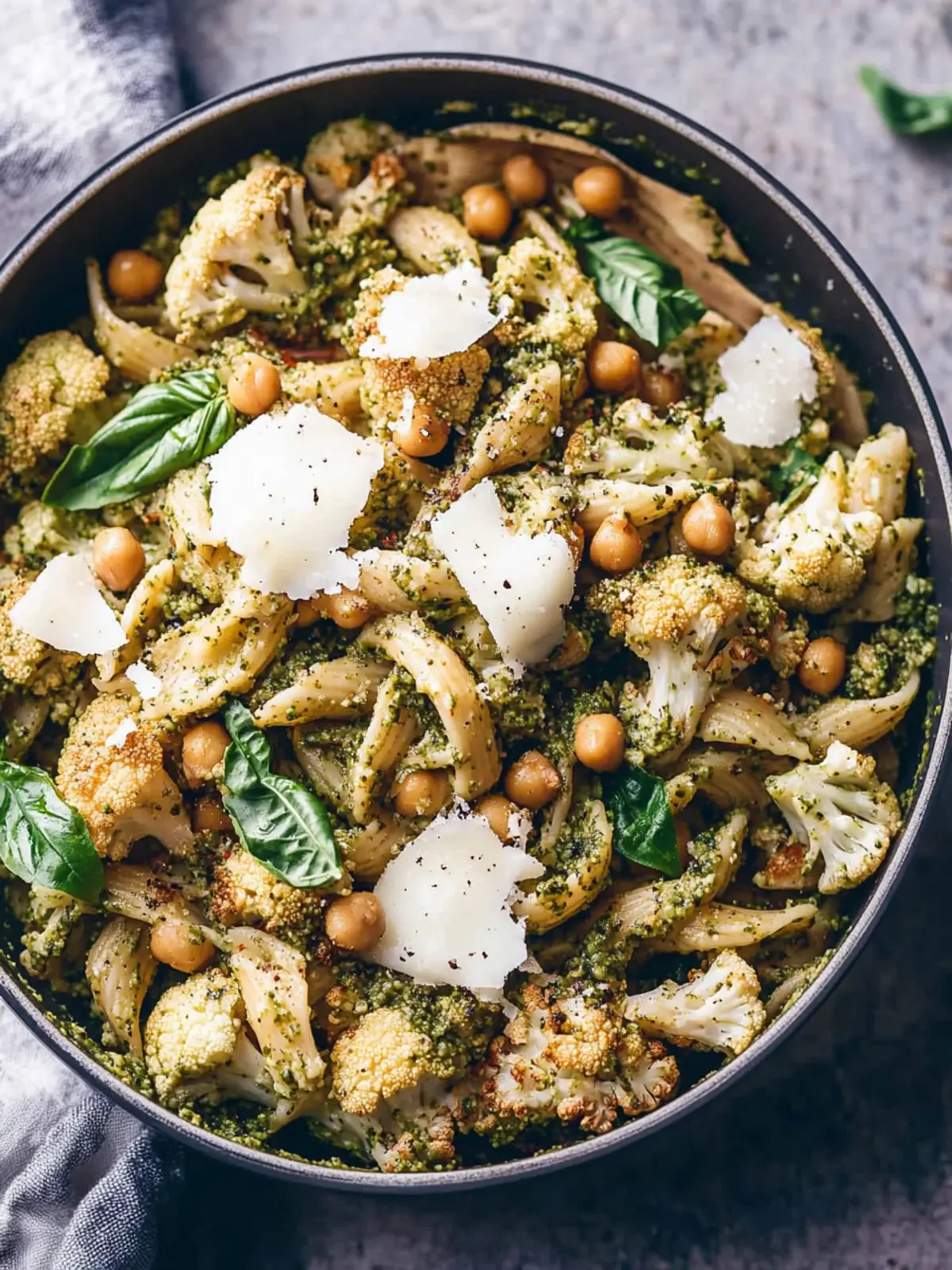 Roasted Cauliflower and Chickpea Pesto Pasta